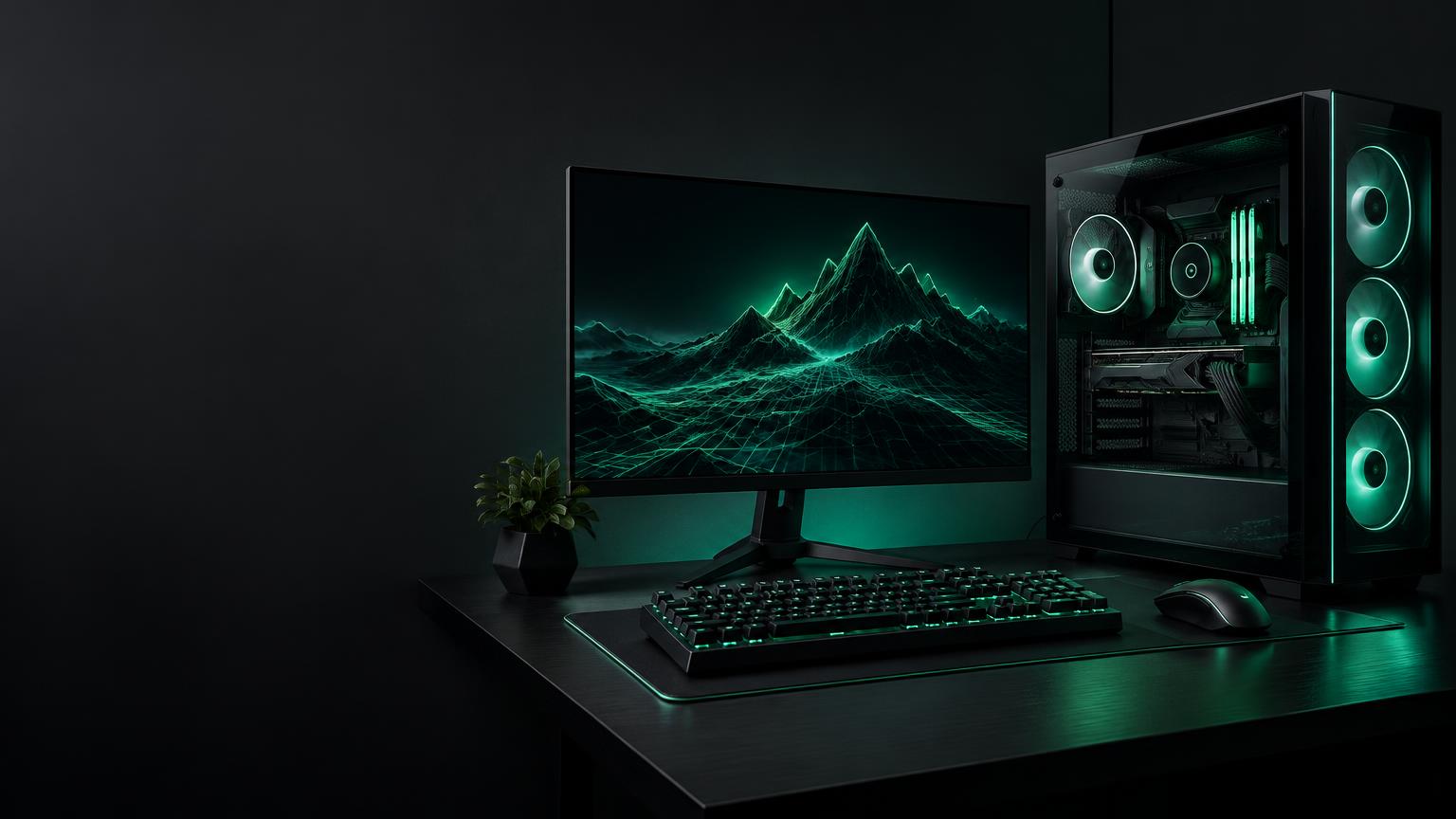 Mint-lit gaming PC, monitor and keyboard setup